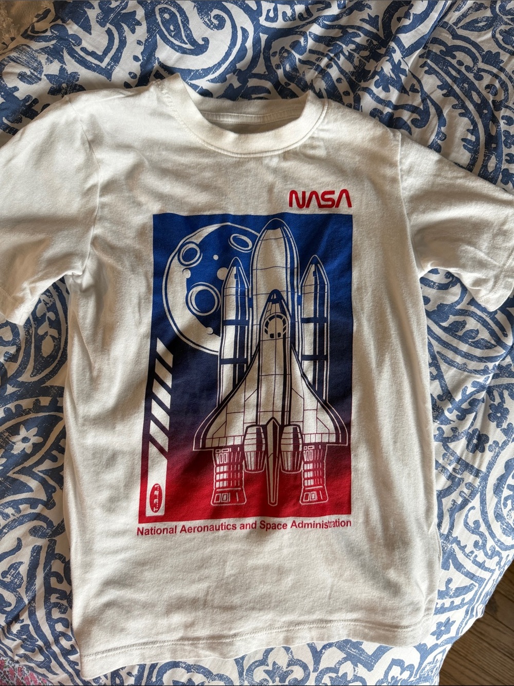 H&M White Kids Short Sleeve Tee with Red and Blue NASA Rocket Graphic